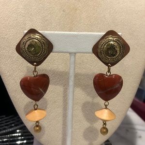 Jo Marz Vintage Hammered Patina Metal, Wood and Carnelian Earrings-Boutique